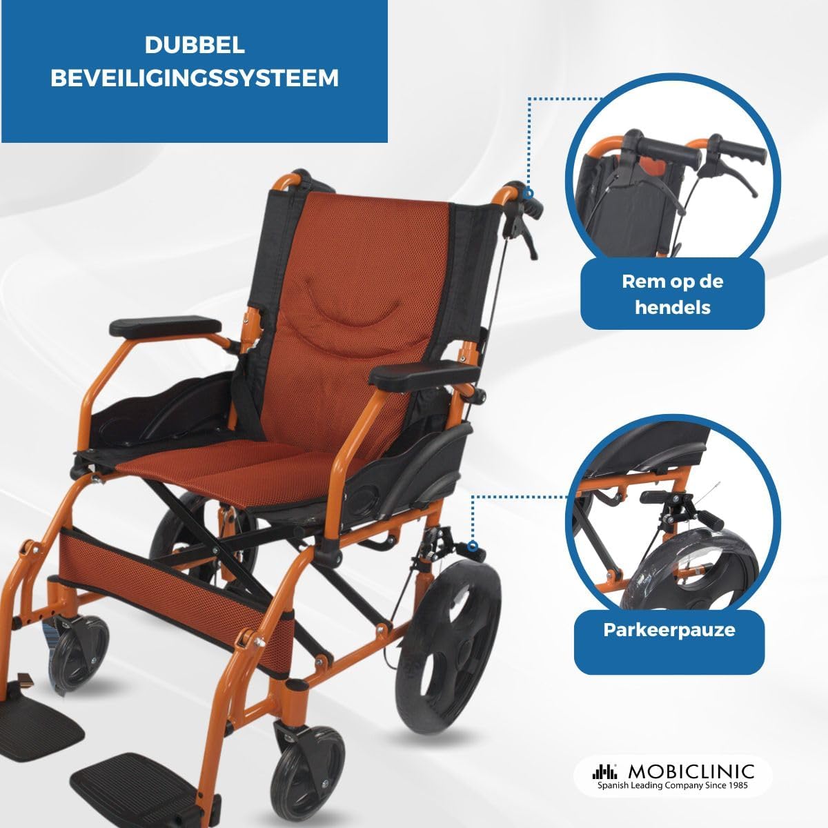 Rolstoel | Opvouwbaar | Aluminium | Rem op hendels | Voetsteun | Armleuningen | Oranje | Model: Piramide | Mobiclinic