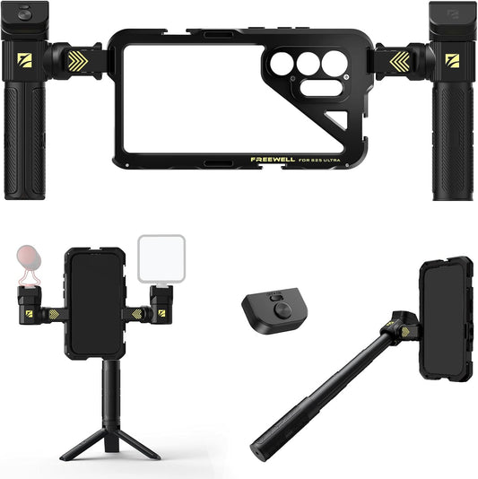 Freewell Genius Rig Cage voor Samsung S25 Ultra - gereedschapsvrije installatie, statief- en monopod-handgrepen, Bluetooth-afstandsbediening, flexibele bevestigingen voor professioneel filmen
