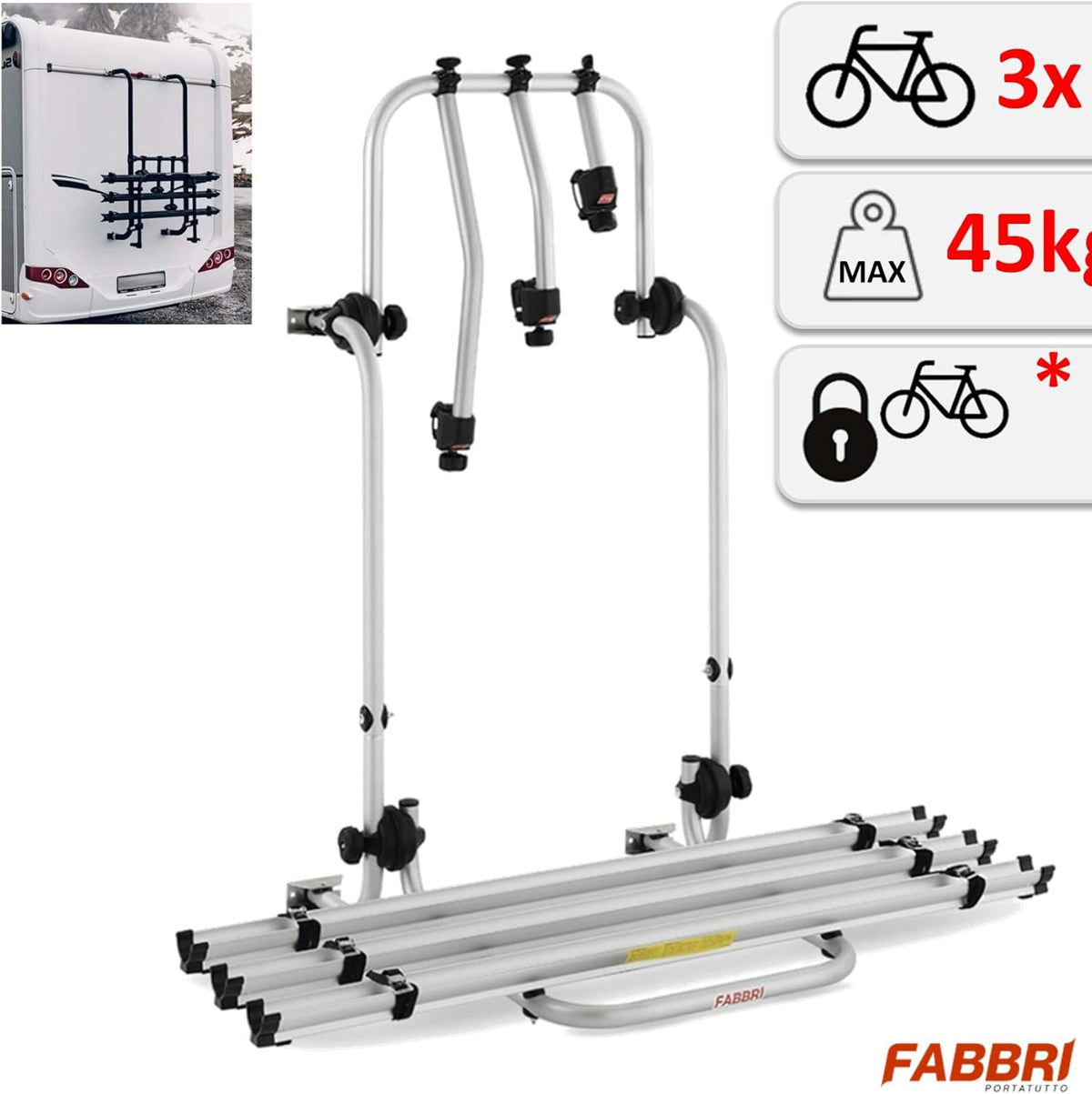 Bicycle carrier for 3 wheels for motorhomes and caravans - Bici OK Camper 47/87 - QUORE