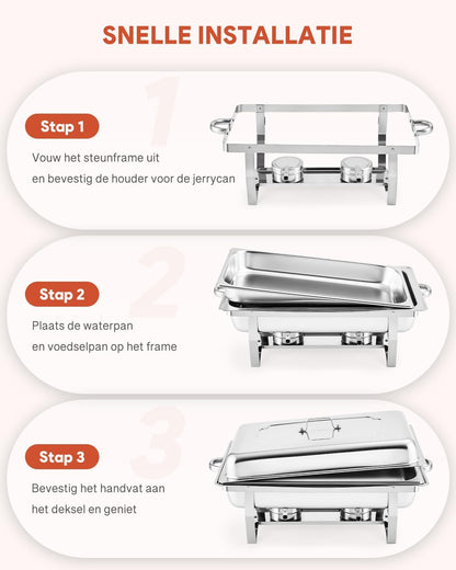 VONLUCE Chafing Dish Voedselverwarming, 9 l, 4 stuks roestvrijstalen warmtetank voor warmtetrank, roestvrijstalen buffetset, voor catering, buffet en feesten (zilver)