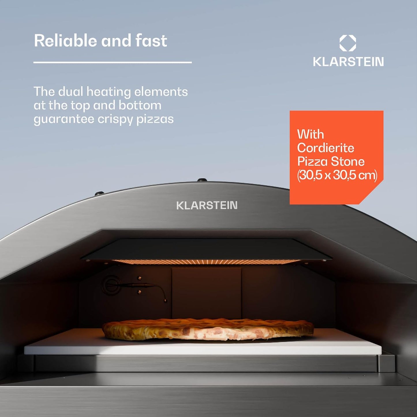 Klarstein Pizzaoven van 30,5 cm voor binnen en buiten, dubbel verwarmingselement boven en onder, 2200 W vermogen, bereikt 500 °C, met ingebouwde thermometer en temperatuurregeling, ultiem pizzagenot