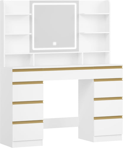 Hzuaneri Large Dressing Table with LED Lights, 3 Colors, Adjustable Brightness, Dressing Table with Mirror, 9 Drawers, 9 Open Shelves, Modern Style, White-Gold DT41903X