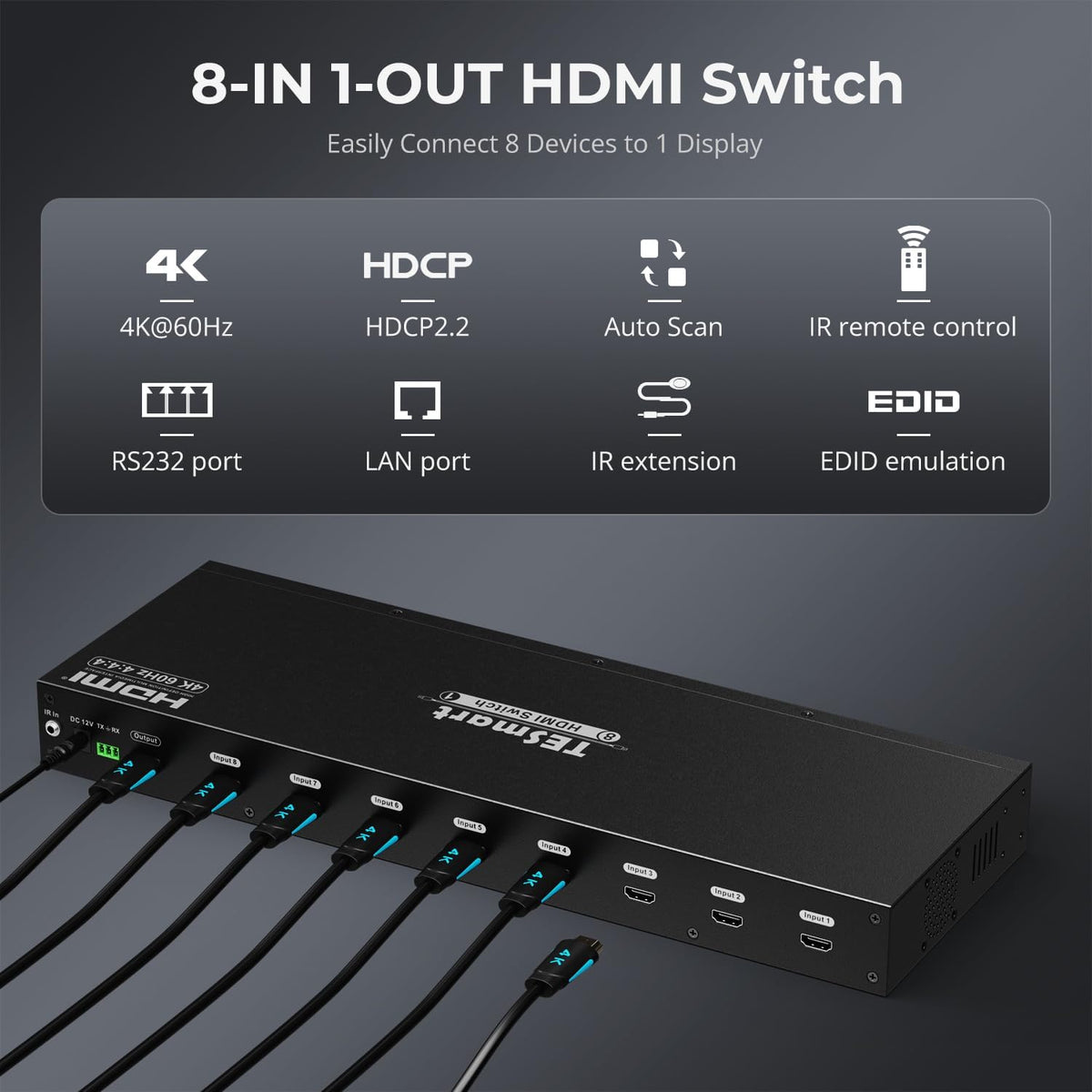 TESmart HDMI Switch 8 in 1 uit HDMI-schakelaar 8-poorts Ondersteunt 4K@60Hz HDCP 2.2, 19" rackmount | RS-232/Lan-bediening | IR-afstandsbediening en automatische schakelaar | Automatische scan