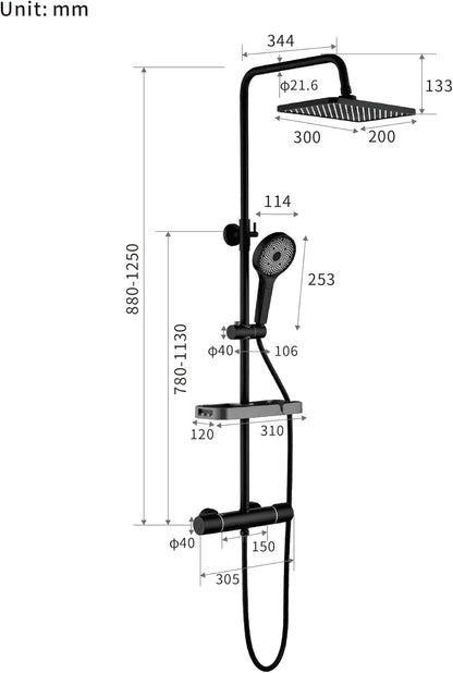 Thermostatisch Douche Systeem – Douche Set – Regendouche – Handdouche – Douchestang – Mat Zwart – Instelbare 38-48°C Temperatuur – 360° Draaibare Regendouche 30x20 cm