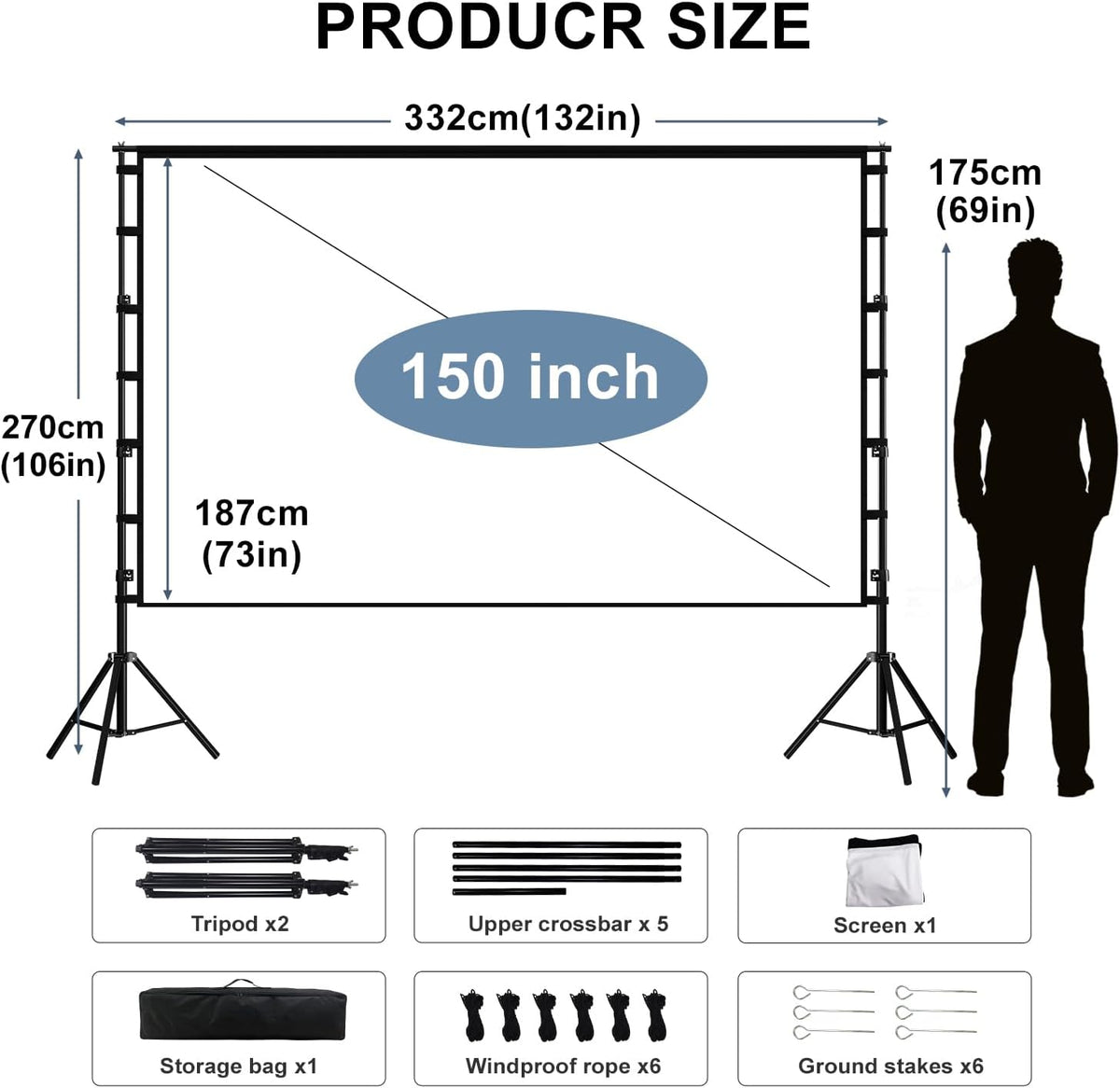 Projectorscherm met standaard, 150 inch filmprojectiescherm voor binnen en buiten, 4K HD 16: 9 kreukvrij ontwerp voor filmavond in de achtertuin (gemakkelijk schoon te maken, 1,1 versterking, 160 °