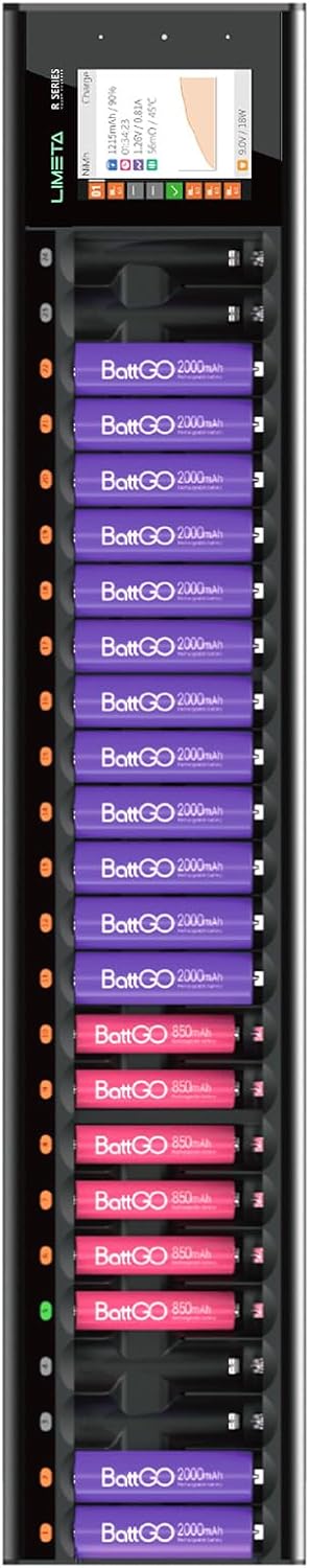 Batterijlader – Acculader – Oplaadstation – Batterijoplader – Intelligente Lader – Touchscreen Display – Refresh-functie – Snel Opladen – Geschikt Voor AA AAA NiMH NiCd Li-Ion – 24 Batterijen Gelijktijdig – DC-Adapter USB-C