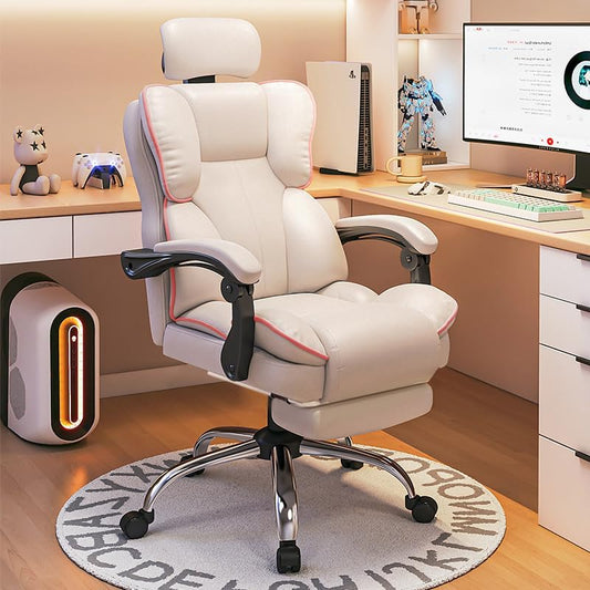 Large and High Office Chair with Footrest,Height Adjustable Computer and Gaming Office Chair with Headrest for Work from Home (White) - QUORE