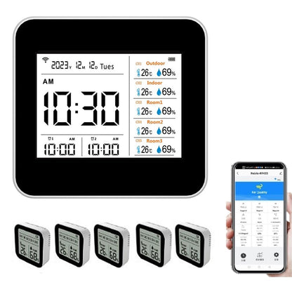 13-in-1 Tuya Intelligente thermometer-hygrometer, nauwkeurige temperatuur- en vochtigheidsmeter voor gebruik binnenshuis, met tijd-/kalender-/alarmweergave, ondersteunt afstandsbediening via app