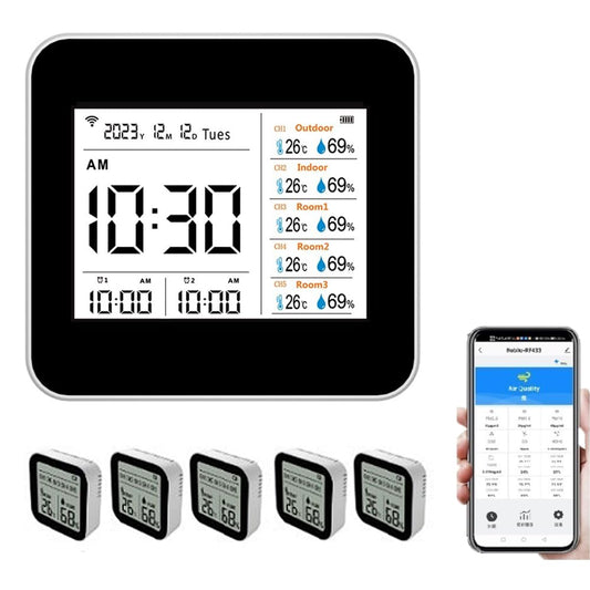 13-in-1 Tuya Intelligente thermometer-hygrometer, nauwkeurige temperatuur- en vochtigheidsmeter voor gebruik binnenshuis, met tijd-/kalender-/alarmweergave, ondersteunt afstandsbediening via app
