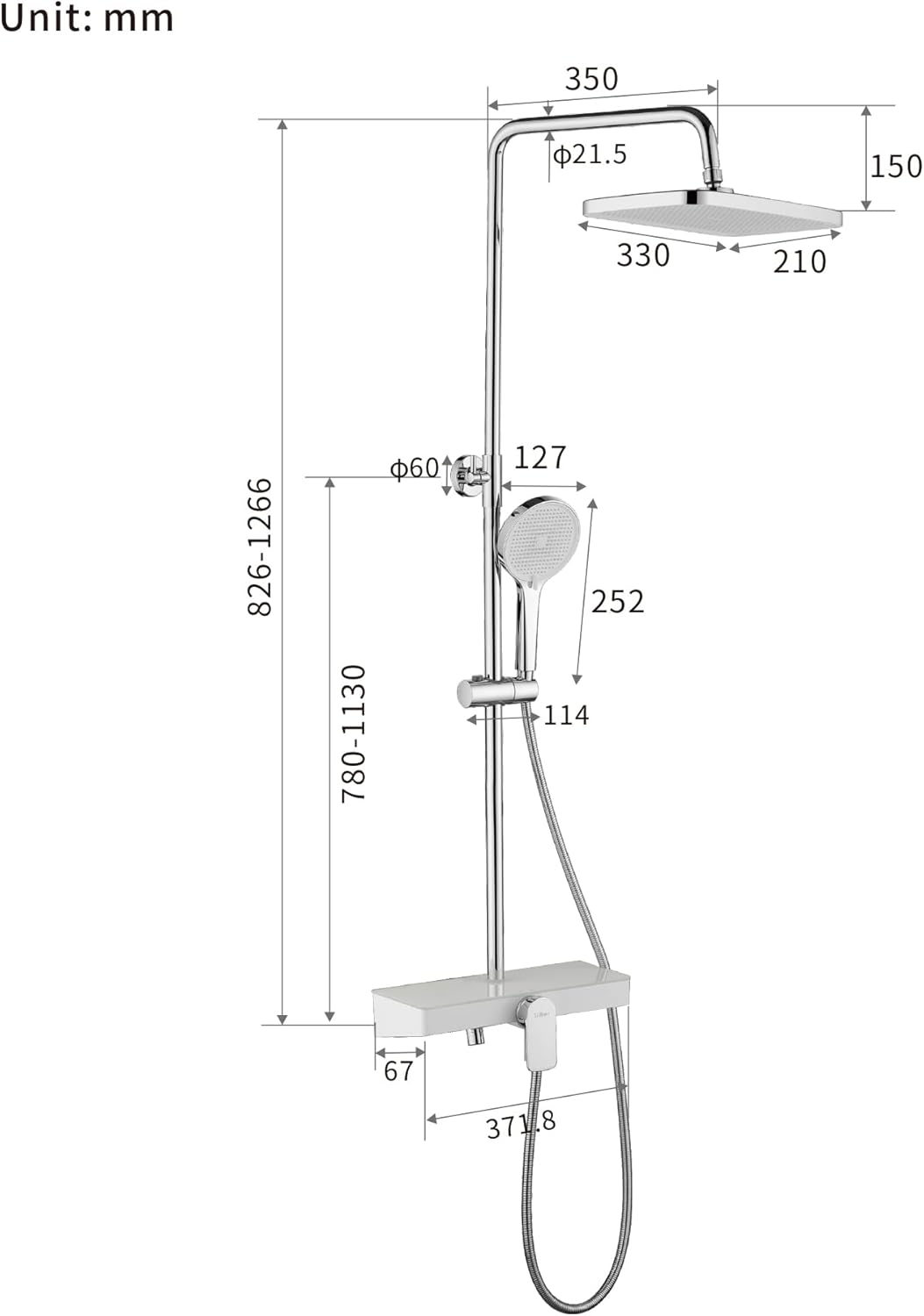 Doucheset Chroom – Douche Systeem – Regendouche – Handdouche – Douchestang – Verstelbare Hoogte – 360° Draaibare Regendouche – Grote Glazen Plank 35x14 cm