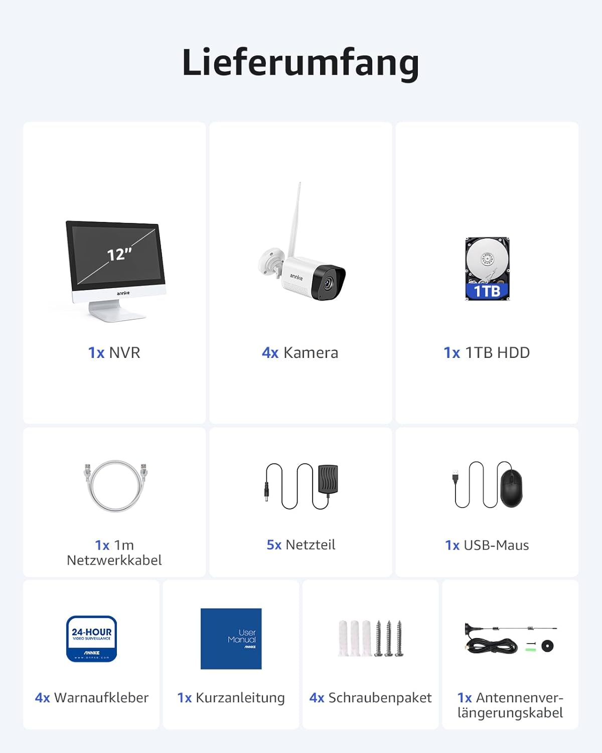 ANNKE 3MP bewakingscameraset met monitor, 12 inch monitor NVR bewakingscamerasysteem met 4 stuks 3MP wifi-camera's, 2-weg audio, persoonsherkenning, 30 m nachtzicht, ondersteunt Alexa, 1 TB HDD