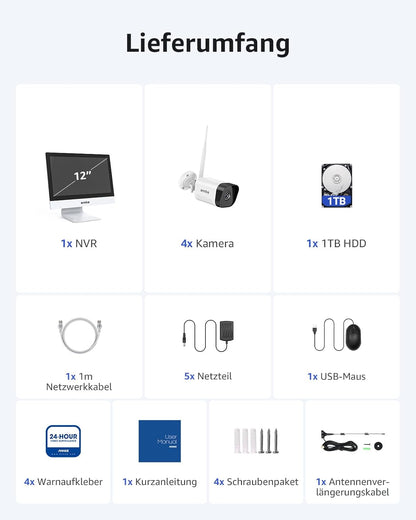 ANNKE 3MP bewakingscameraset met monitor, 12 inch monitor NVR bewakingscamerasysteem met 4 stuks 3MP wifi-camera's, 2-weg audio, persoonsherkenning, 30 m nachtzicht, ondersteunt Alexa, 1 TB HDD