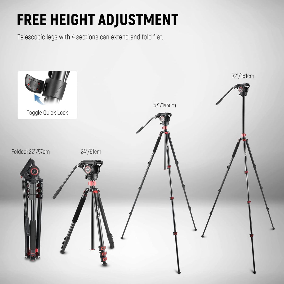 NEEWER 72 inch vloeiende kop video monopod, snelwisselplaat compatibel met DJI RS Gimbal Manfrotto, 360° draaibaar en +90°/-70° kanteling voor DSLR-camera, camcorder, maximale belasting 8 kg, TP72A