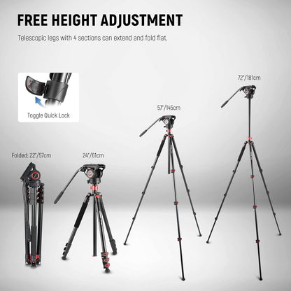 NEEWER 72 inch vloeiende kop video monopod, snelwisselplaat compatibel met DJI RS Gimbal Manfrotto, 360° draaibaar en +90°/-70° kanteling voor DSLR-camera, camcorder, maximale belasting 8 kg, TP72A