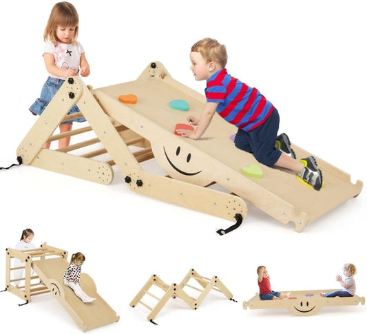 FANTASK Houten klimtoestel, naturel, indoor klimdriehoek, multifunctioneel, met omkeerbare helling, wip, verstelbare klimmer voor kinderen vanaf 3 jaar