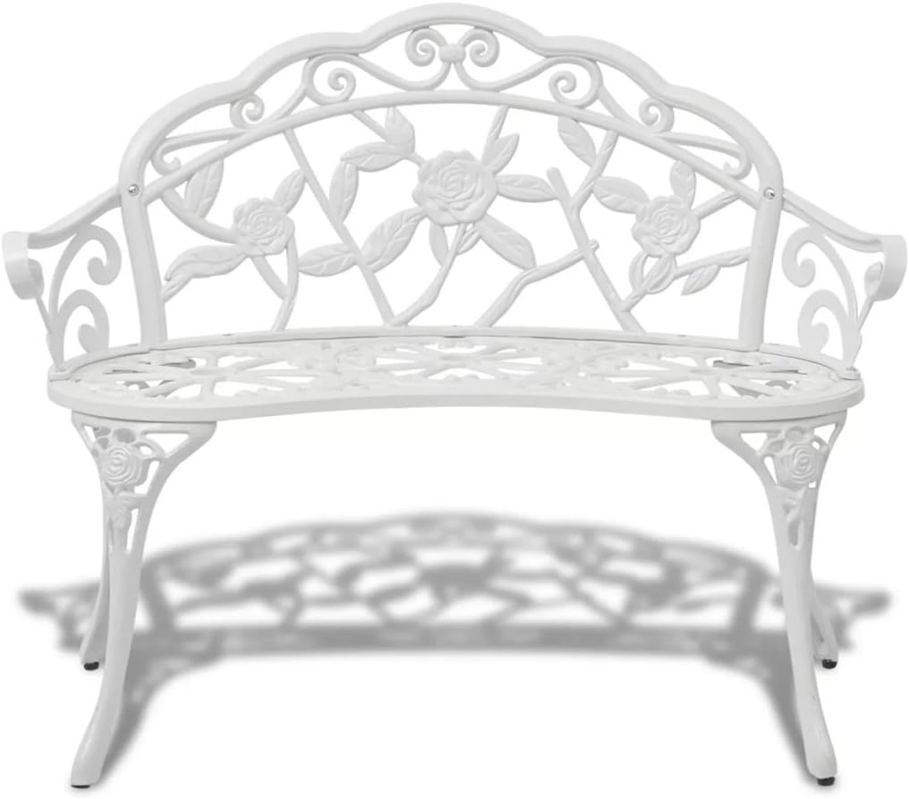 Tidyard 2-Seater Garden Bench with Floral Pattern for 2 People in Roll-Work Style Cast Aluminium White 100 x 54 x 80 cm - QUORE