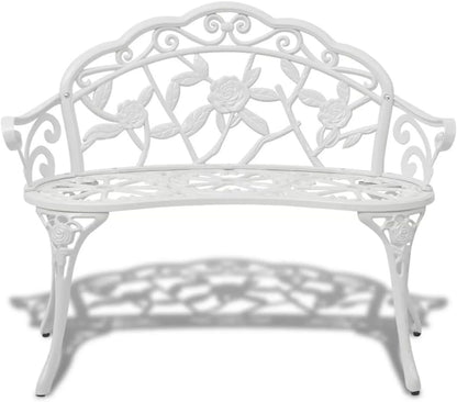Tidyard 2-Seater Garden Bench with Floral Pattern for 2 People in Roll-Work Style Cast Aluminium White 100 x 54 x 80 cm - QUORE