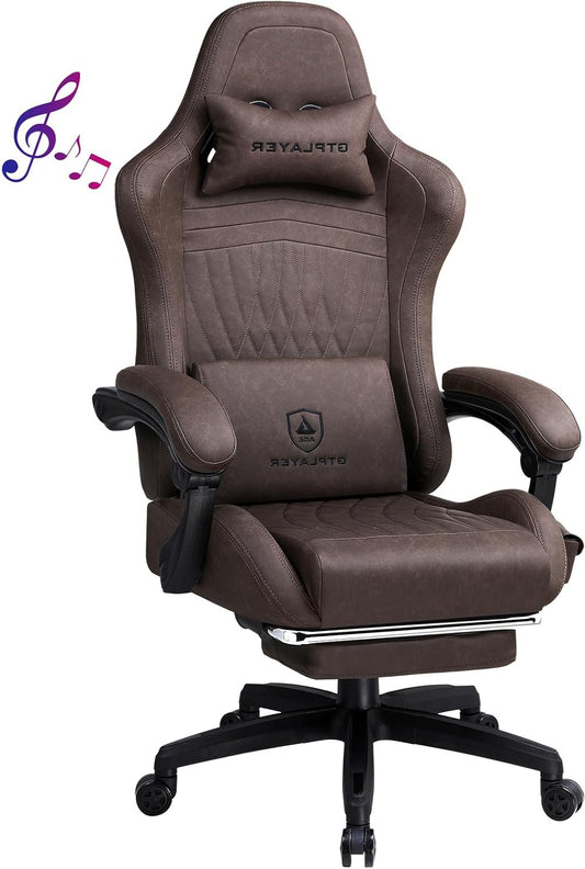 GTPLAYER Leather Game Chair, Ergonomic Game Chair, Desk Chair with Footrest, Speaker, Adjustable Headrest and Lumbar Support, Tilting Backrest, Light Brown - QUORE