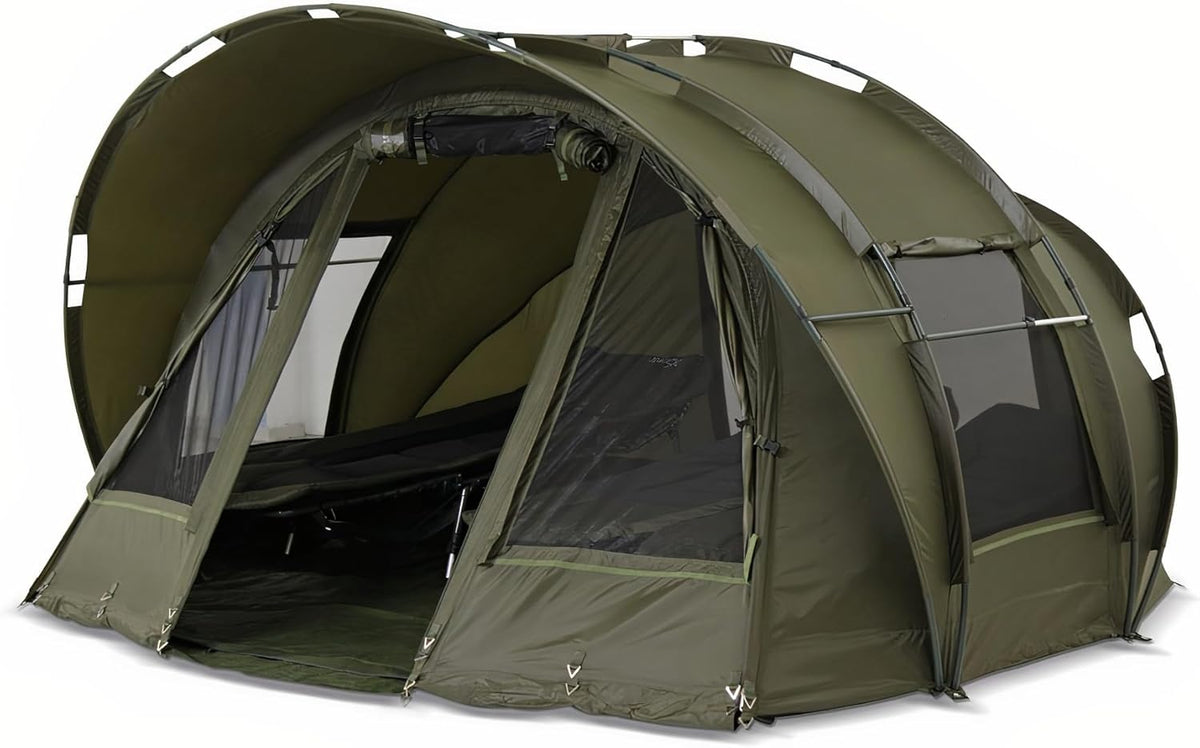 Lucx Leopard Bivvy vistent voor personen, karpertent voor 2 tot 3 mannen, visserstent Carp Dome Fishing Tent 10.000 mm, olijfgroen, 1-3 tent