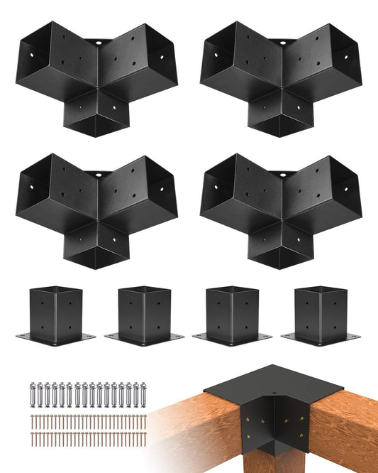 VEVOR Pergola Bracket Set, 10x10cm (Inner Size 3.5x3.5cm), 4Pcs 3-Way Heavy Duty Corner Bracket Woodworking DIY Post Base Kit, Easy Installation Wooden Beams for Gazebos