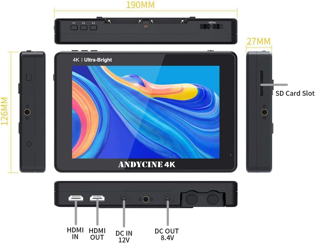 ANDYCINE C7 C7 Inch Ultra Clear 2200nit 1920x1200 Touch Screen 4K HDMI On/Off with Waveform/Vector Range/3D Lut for DSLR Mirrorless Camera A72 A73 A7M4 Z50 R50 EOS R8 - QUORE