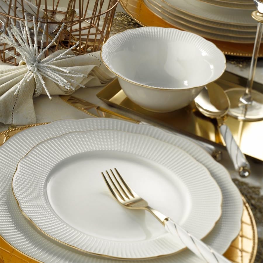 Elegante 26-delige dinerset, 100% porselein, wit en goud, inclusief serviesborden, diepe borden, kommen en borden, vaatwasser- en magnetronbestendig