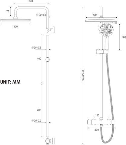 Rainsworth Douchesysteem met thermostaat, chroom, complete set met 30 cm, ronde regendouche, douchekop, 5 straalsoorten, douchekop, 92-126 cm in hoogte verstelbaar, regendouche met kraan, doucheset