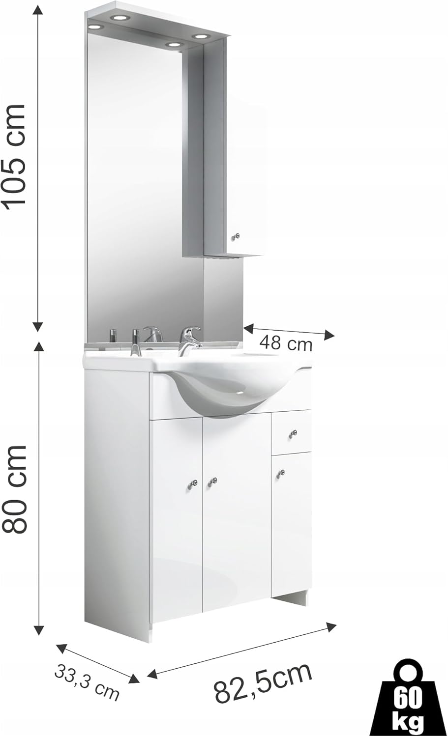 Deftrans Domodomo Bathroom Cabinet with Sink and Mirror, White, 105 cm, Bathroom Cabinet 80 x 80 x 48 cm, Ceramic Bathroom Furniture Set - QUORE