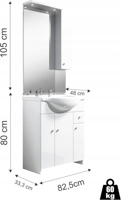 Deftrans Domodomo Bathroom Cabinet with Sink and Mirror, White, 105 cm, Bathroom Cabinet 80 x 80 x 48 cm, Ceramic Bathroom Furniture Set - QUORE