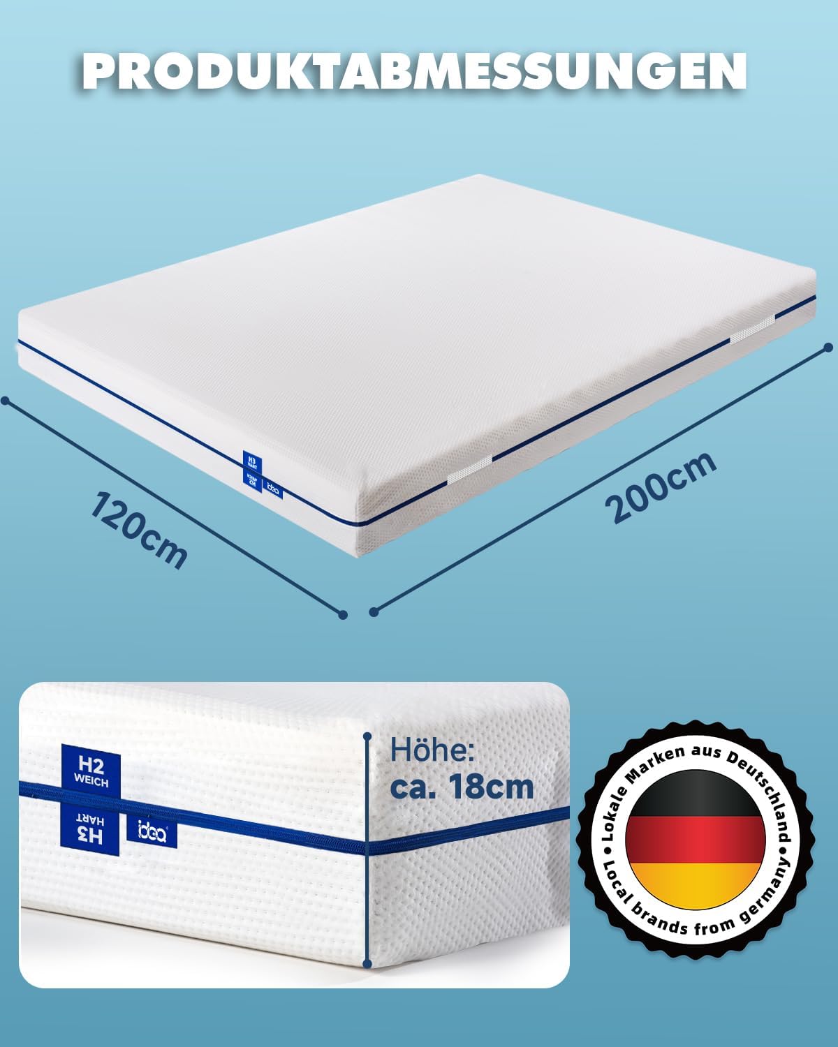 IDEA Matras, 120 x 200 cm, orthopedische 7 zones koudschuimmatras, 2-in-1, hardheidsgraad H2 en H3, zacht en stevig), hoogte 18 cm, Öko-Tex gecertificeerd (18 cm, 120 x 200 cm)