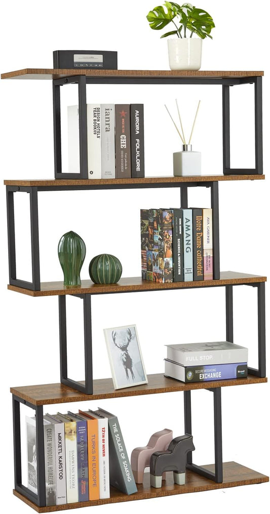Meerveil Boekenkast, staand rek met 4 niveaus, opbergrek van hout, S-vorm, industrieel design, 74 x 24 x 128 cm, decoratief rek voor planten en boeken, woonkamer, slaapkamer, kantoor, bruin