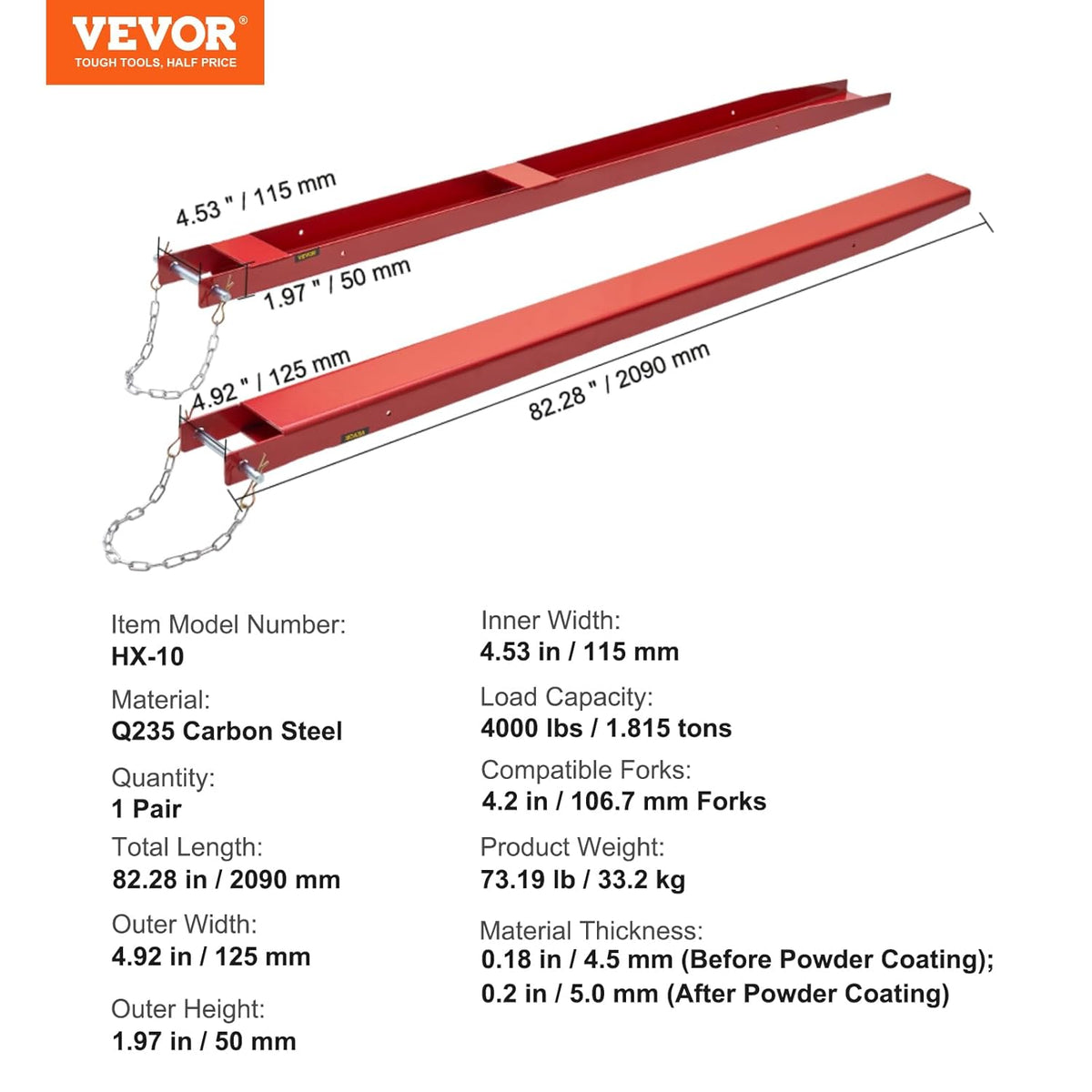 VEVOR Pallet Fork Extension 2090 x 115 mm, Fork Extension for Forklift Truck, 1 Pair, Carbon Steel with Pins for Moving and Transporting Heavy Large Loads, Red