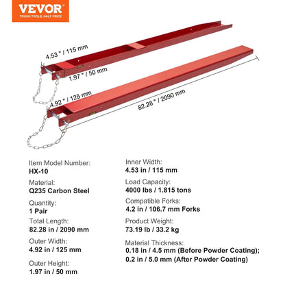 VEVOR Pallet Fork Extension 2090 x 115 mm, Fork Extension for Forklift Truck, 1 Pair, Carbon Steel with Pins for Moving and Transporting Heavy Large Loads, Red