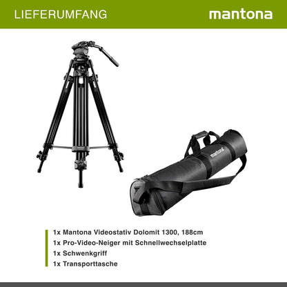 Mantona Dolomit 1300 Videostatief, 188 cm (incl. Fluid Neiger met Waterpas, Quick Release Plaat, Draaibaar Handvat Transporttas) voor DSLR en Videocamera, Zwart