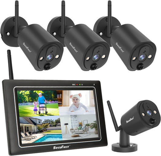 SecuFirst 2K Draadloze bewakingscamera voor buiten, set met monitor, 4 x buitencamera's, videobewaking + 7 inch touchscreen, NVR-beeldscherm, met PIR AI bewegingsmelder, 64 GB SD-kaart.