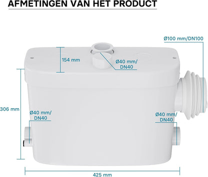 Opvoerinstallatie voor afvalwater en fecaliën – Fecaliënpomp – Afvalwaterpomp – Rioolpomp – Vuilwaterpomp met zijaansluiting – 450 W – Opvoerhoogte 7,5 m