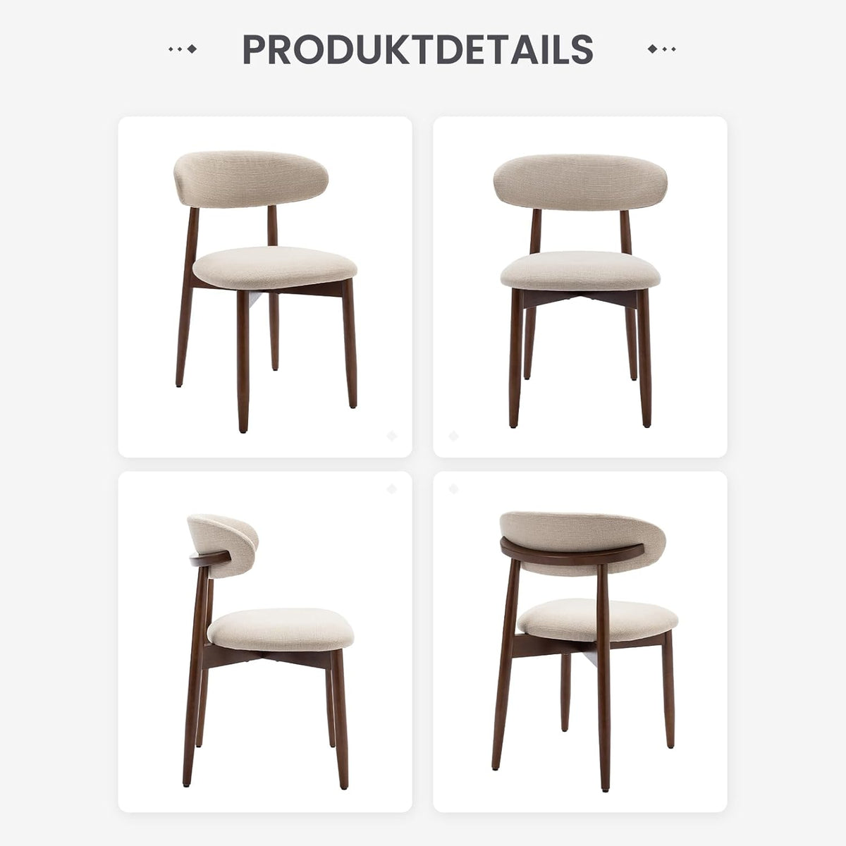 COLAMY Keukenstoel, eetkamerstoelen, set van 2, moderne gestoffeerde stoel, eetstoelen met vaste rugleuning, stoffen eetkamerstoel met houten poten, voor eetkamer, keuken, restaurant, beige