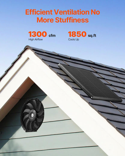 VEVOR Ventilator, op zonne-energie, ventilatie, diameter 340 x 70 mm, dakafvoerventilator met instelbare thermostaat, buitenrooster, 1300 CFM luchtstroomcapaciteit, voor gevel, dak, garage, werkplaats