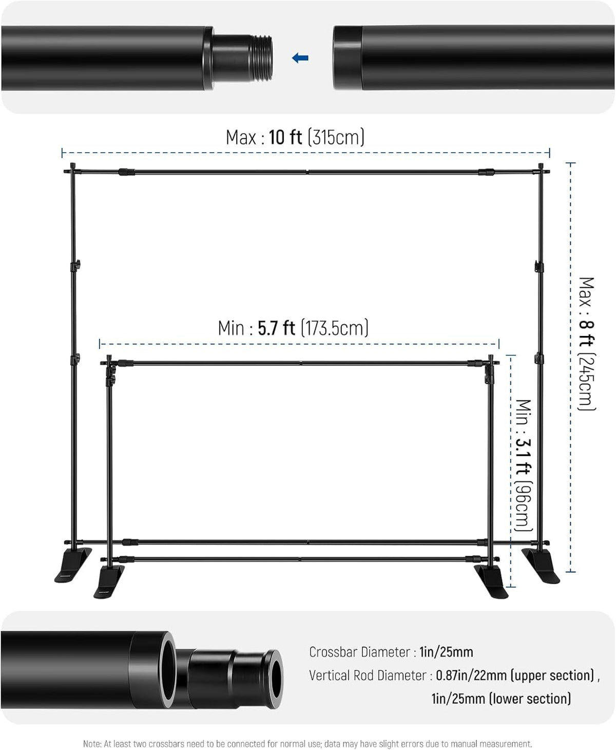 NEEWER NK-ST300 Achtergrondstandaard Heavy Duty met verbrede basis, 3 x 2,4 m achtergrondstandaard met 4 dwarsbalken, 2 telescopische stokken, 4 veerclips en draagtas voor fotoshoot studio party
