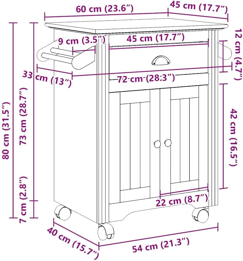 Keukentrolley – Keukenwagen – Serveerwagen – Opbergtrolley – Desserte – Massief grenen hout – Met 4 zwenkwieltjes – Grijs – 100x50x103,5 cm