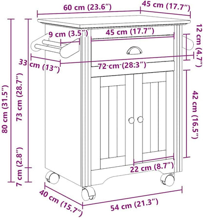 Keukentrolley – Keukenwagen – Serveerwagen – Opbergtrolley – Desserte – Massief grenen hout – Met 4 zwenkwieltjes – Grijs – 100x50x103,5 cm