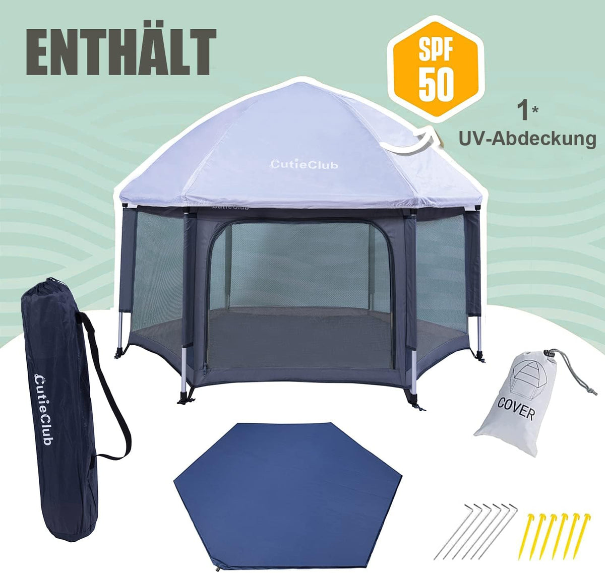 Foldable Baby Playpen with Mattress, Square, Play Playpen with Anti-UV Canopy, Travel Box with Carry Bag, for Home, Garden, Beach, Outdoor, Grey - QUORE
