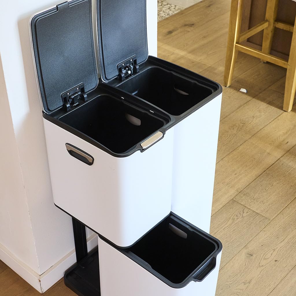 KITCHEN MOVE HAJA pedaalemmer, afvalscheiding, recycling, 60 l (13 + 17 + 30 l), roestvrij staal, wit, met emmer