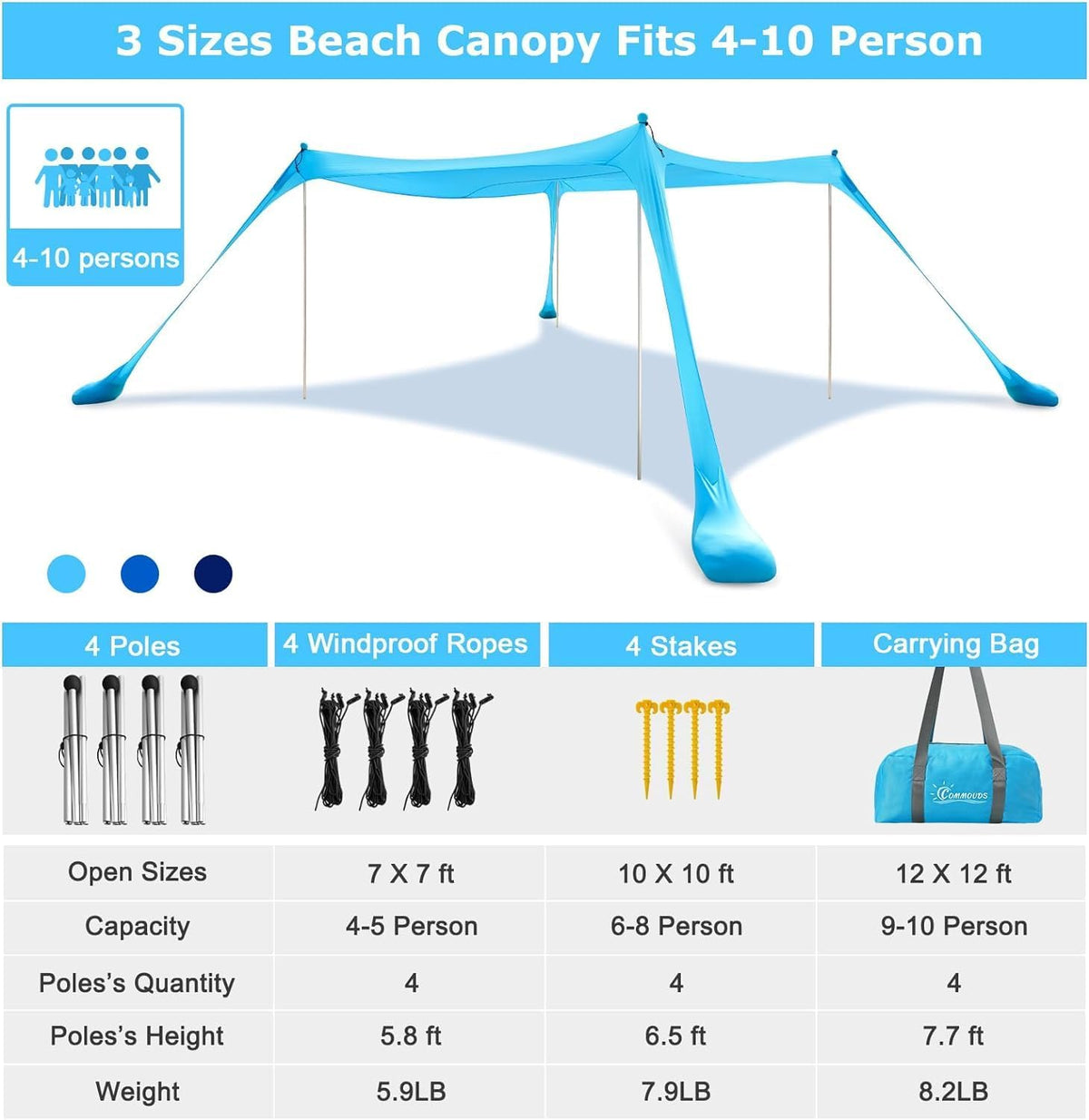 COMMOUDS Beach Tent Beach Tent Portable with 4 Aluminium Poles, 3 x 3 m, UPF50+, Easy to Set Up Family Shelter for Beach, Camping, Fishing, Garden, Outdoors