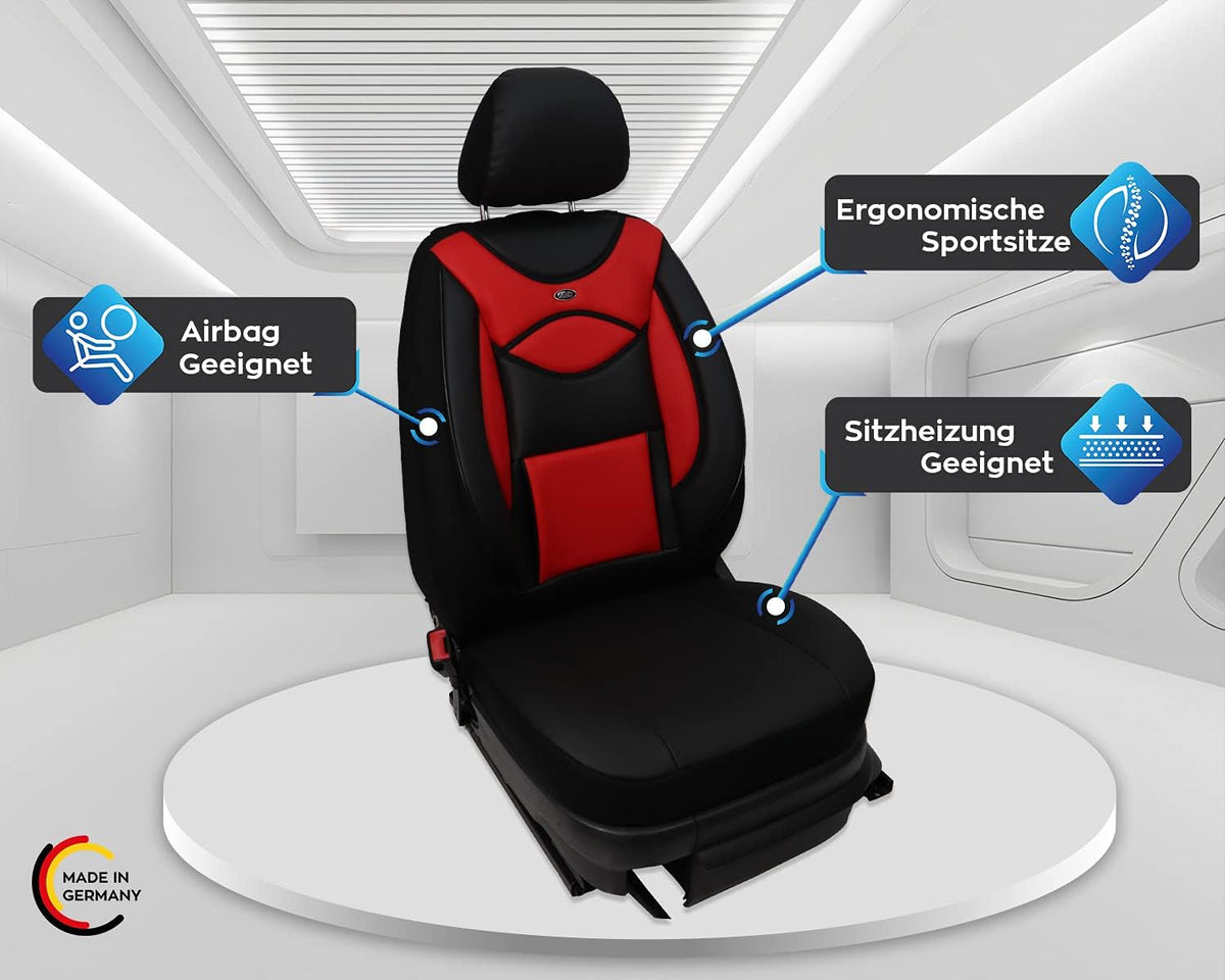 BREMER SITZBEZÜGE Autostoelhoezen van kunstleer, compatibel met VW Golf 6, bestuurder en passagiers vanaf 2008-2013, textielleer, set autostoelhoezen, set van 2 stuks in zwart/rood