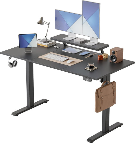 Agilestic Elektrisch in hoogte verstelbaar bureau, 140 x 60 cm, met beweegbare monitorstandaard, sta bureau met 2 geheugentoetsen, 3-delig tafelblad, thuiskantoorbureau, zwart