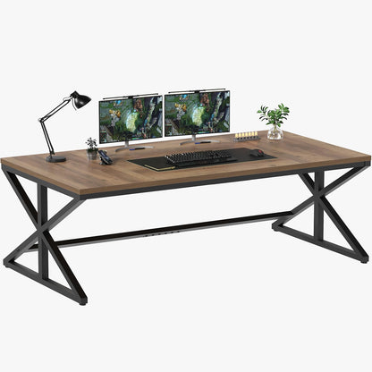 IBF Lange industriële computertafel, grote moderne houten bureau voor thuiskantoor, licht eiken pc studie gaming werk schrijftafel voor 2 personen, boerderij dubbel werkstation bureau met opslag in