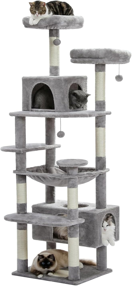 PAWZ Road Large Scratching Post, 184cm Cat Tower for Large Cats, Cat Enclosure with Scratching Posts and Pads Covered with Sisal Pads, 2 Padded Perches, Double Stay and Basket for Indoor Cats - Grey - QUORE