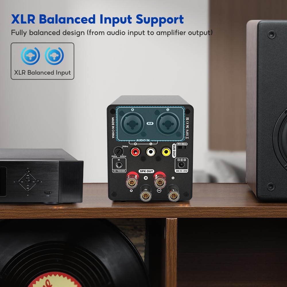 AIYIMA A70 symmetrische stereo-versterker met PFFB 4 ohm 300 Watt TPA3255 2.0-kanaals klasse D-versterker voor thuisbioscoopluidspreker met XLR- en RCA-ingangen en trigger-ingang DC48V 5A