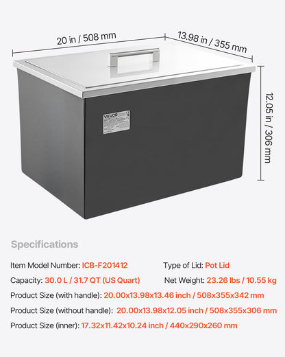 VEVOR Drop in Ice Chest, 508 x 355 x 306mm (508 x 355 x 306mm) Stainless Steel Drop in Cooler, 30L Commercial Ice Bucket with Jar Lid for Outdoor, Drain Pipe Set Included, for Cold Wine Beer